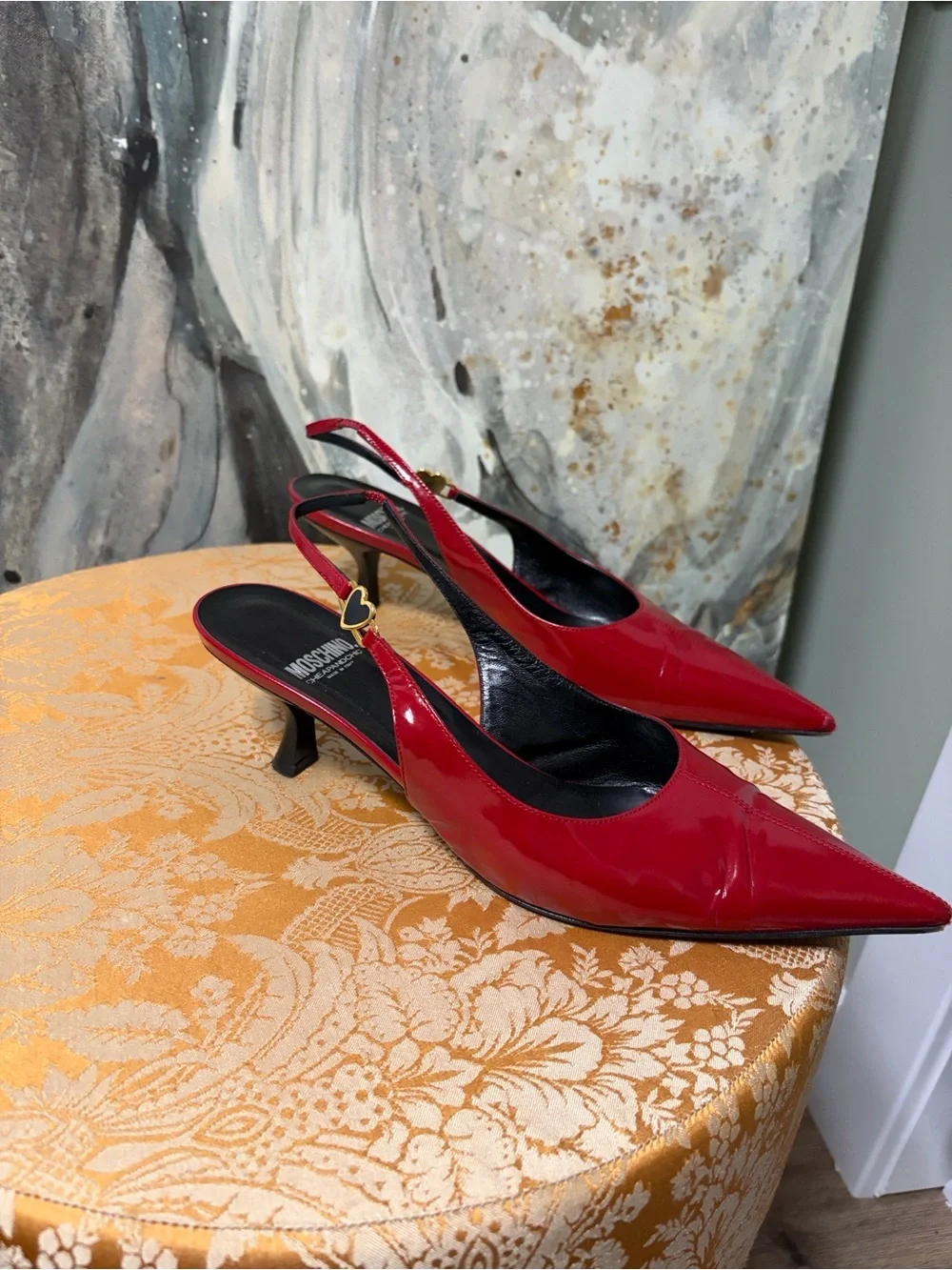 Moschino CheapandChic Red Patent Leather Heart Sling-Back Heels Size 40